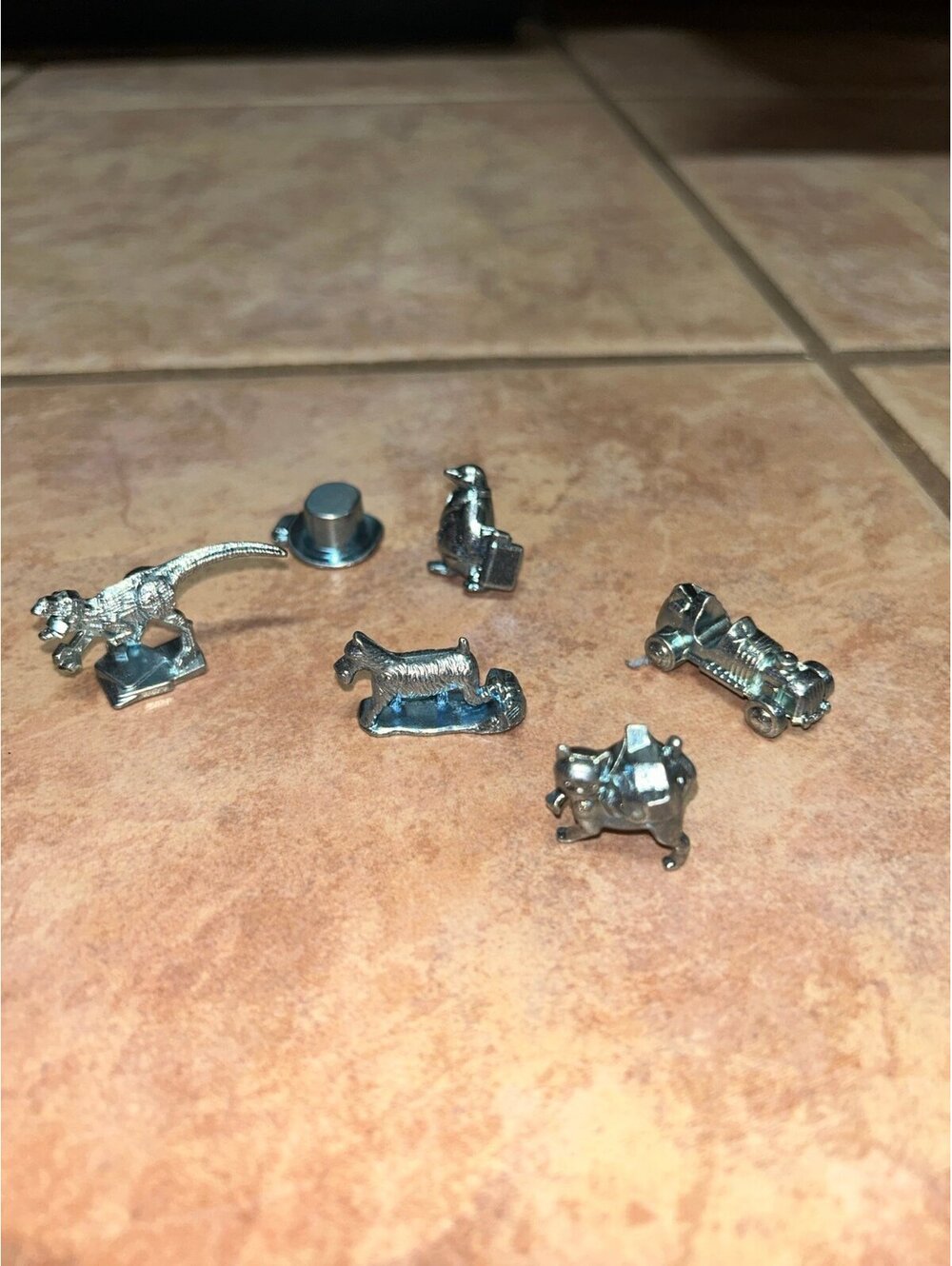 Vintage Monopoly Metal Token Lot of 6 – T-Rex, Top Hat, Duck, Race Car & More